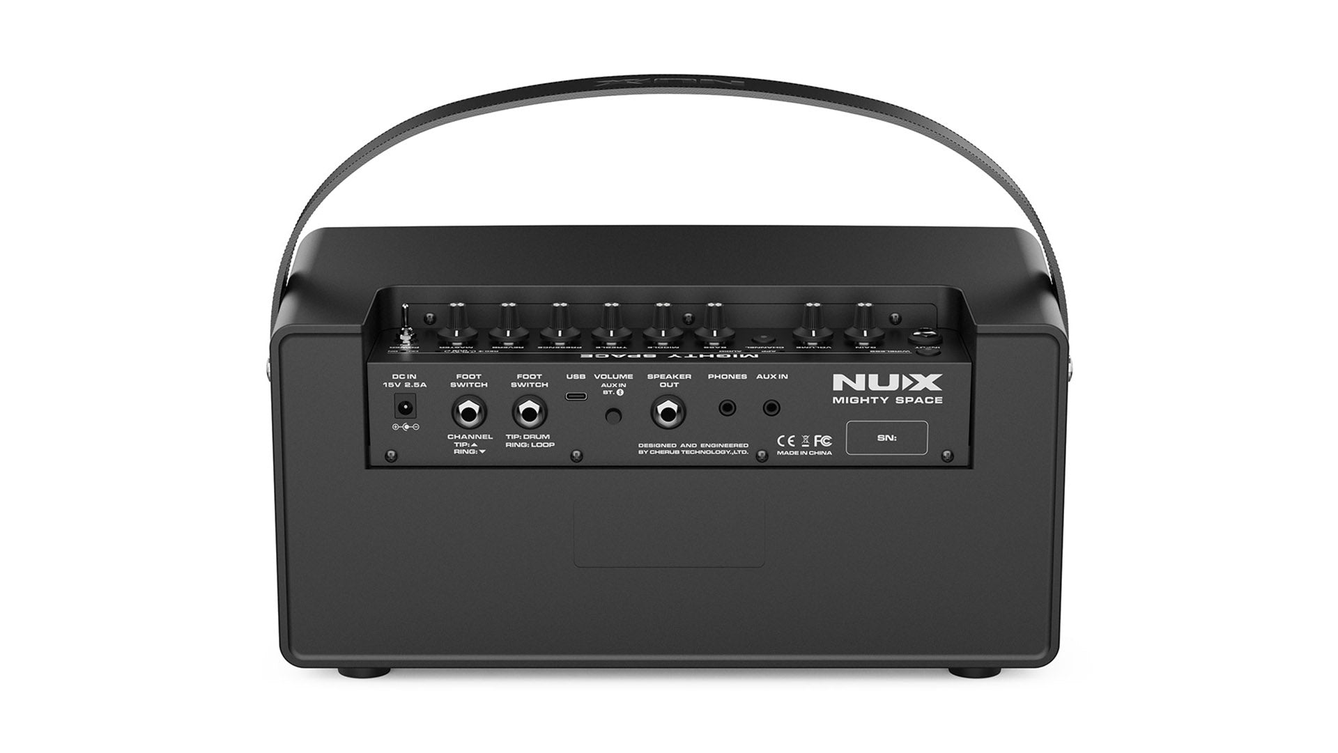 Back of a NUX Mighty Space FX pedal amp with multiple input/output jacks, control knobs, and a carrying handle on top.