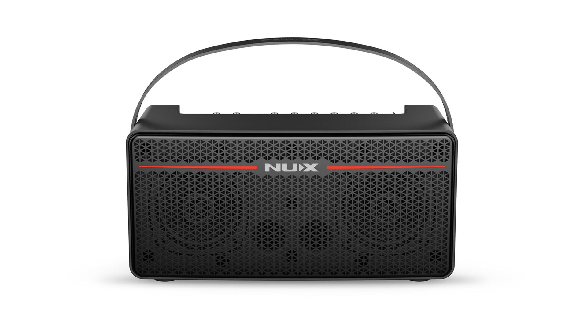 Black NUX FX pedal unit shaped like a small portable speaker, with a carrying handle, red stripe, geometric grille, and top-mounted control knobs.
