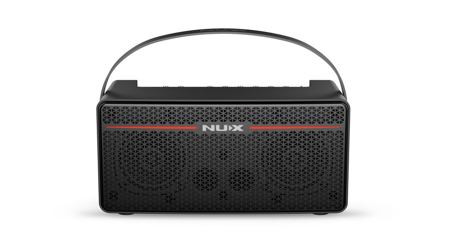Black NUX FX pedal unit shaped like a small portable speaker, with a carrying handle, red stripe, geometric grille, and top-mounted control knobs.