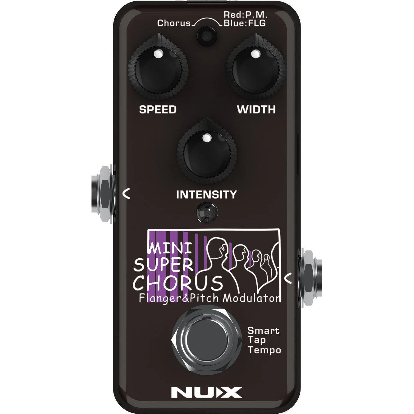 NUX Mini Super Chorus FX pedal with three control knobs labeled Speed, Width, Intensity, and a central footswitch labeled Smart Tap Tempo.