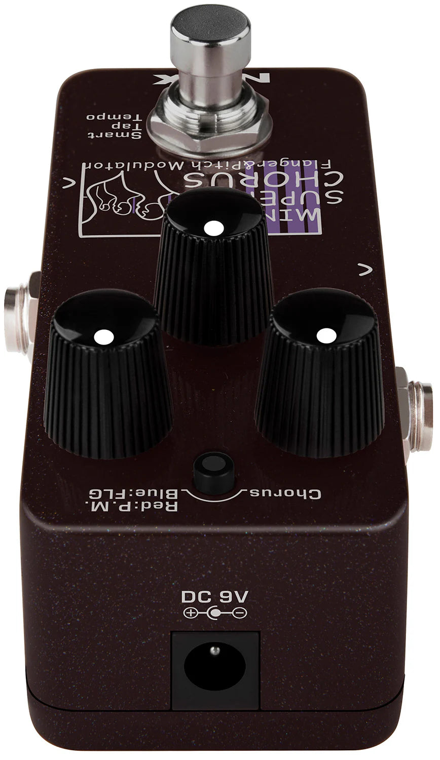 Brown FX pedal with three black control knobs, a silver footswitch, a small black button, and a DC 9V power input on the front edge.