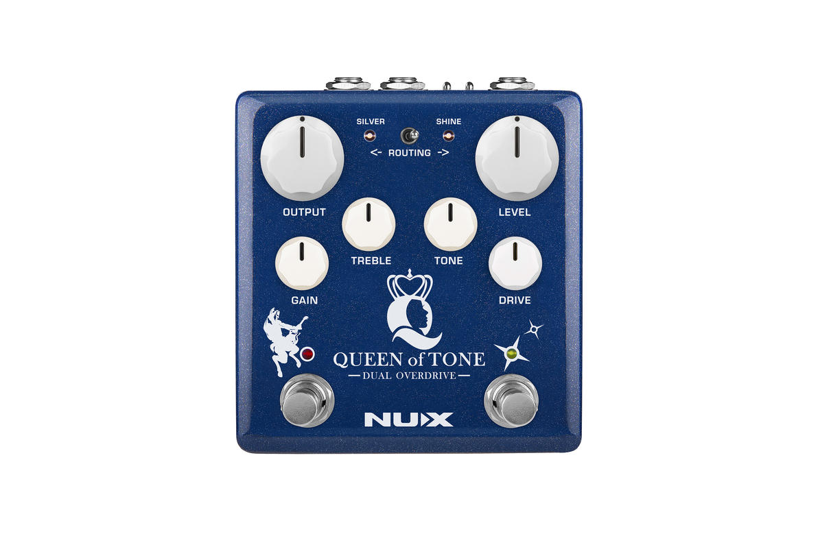 Blue FX pedal labeled "Queen of Tone Dual Overdrive" with six white knobs, two footswitches, and a small routing toggle switch at the top center.