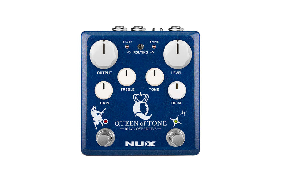 Blue FX pedal labeled "Queen of Tone Dual Overdrive" with six white knobs, two footswitches, and a small routing toggle switch at the top center.