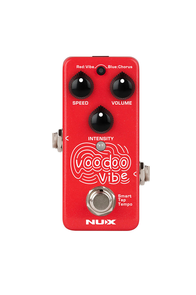 Red NUX Voodoo Vibe FX pedal with three black knobs labeled speed, volume, intensity, a central footswitch, and inputs on both sides.