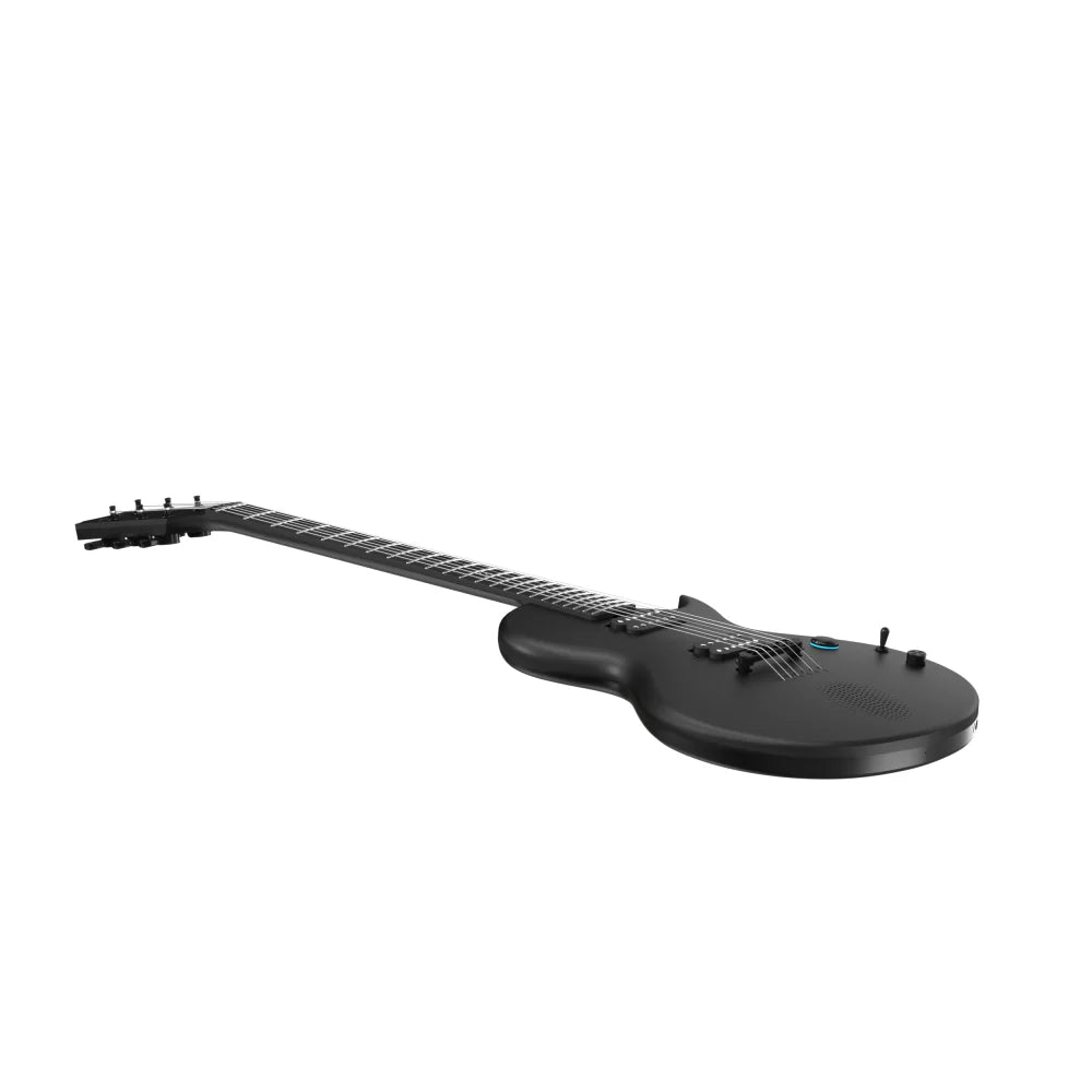 Sleek matte black electric guitar with a single cutaway, dark knobs, and modern minimalist design, shown angled from tail end toward the neck.