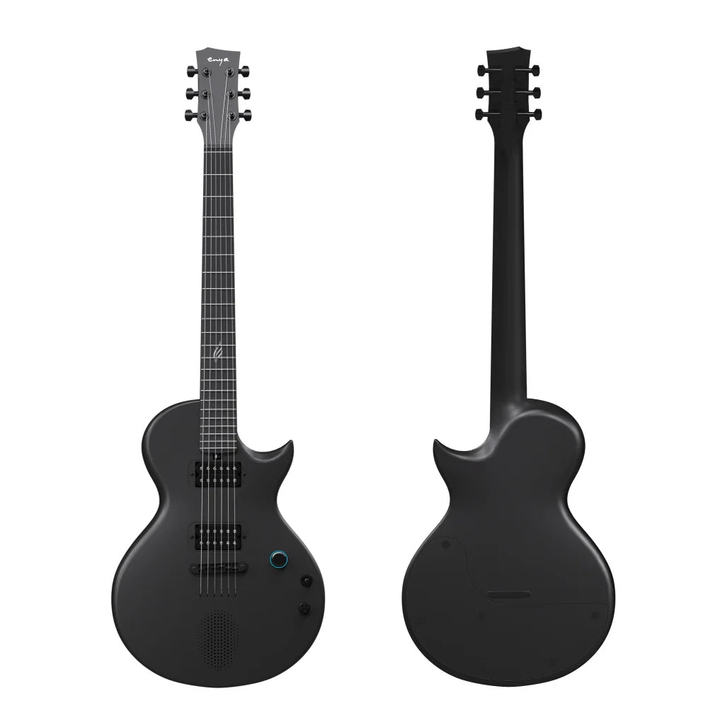 Matte black electric guitar with a single-cutaway body, two pickups, six strings, and minimal knobs, shown from front and back views.