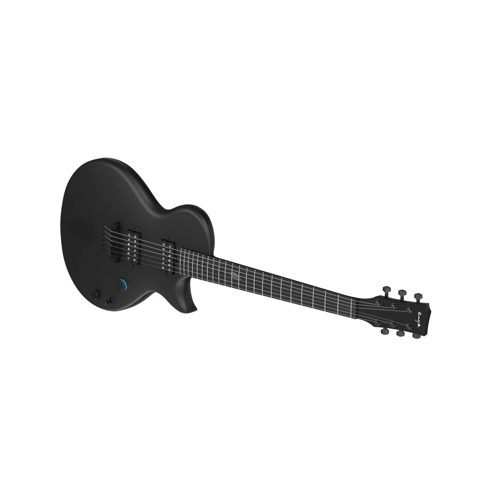 Sleek matte black electric guitar with a single-cutaway body, six strings, two pickups, black knobs, and no visible fret markers on the fingerboard.