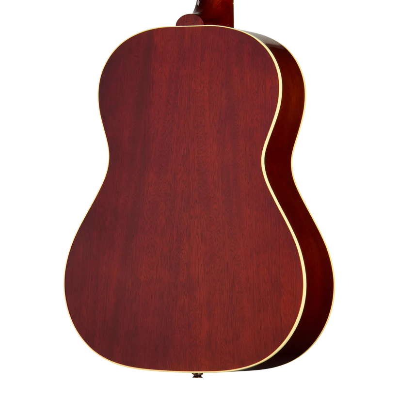 Dos d’une guitare acoustique en bois foncé, finition lisse, contours arrondis et filets clairs sur les bords.