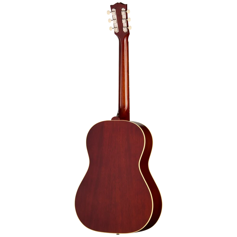 Guitare acoustique en bois foncé vue de dos, contours crème, six mécaniques dorées alignées de chaque côté de la tête.