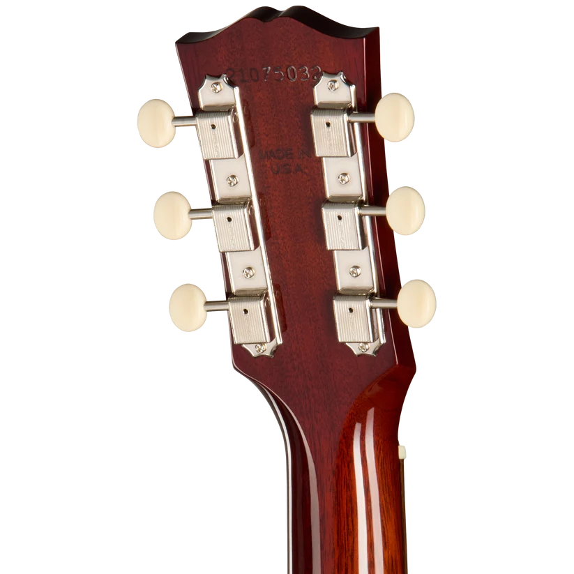 Tête de guitare acoustique en bois verni rouge, six mécaniques chromées à boutons ronds crème, numéro de série gravé.