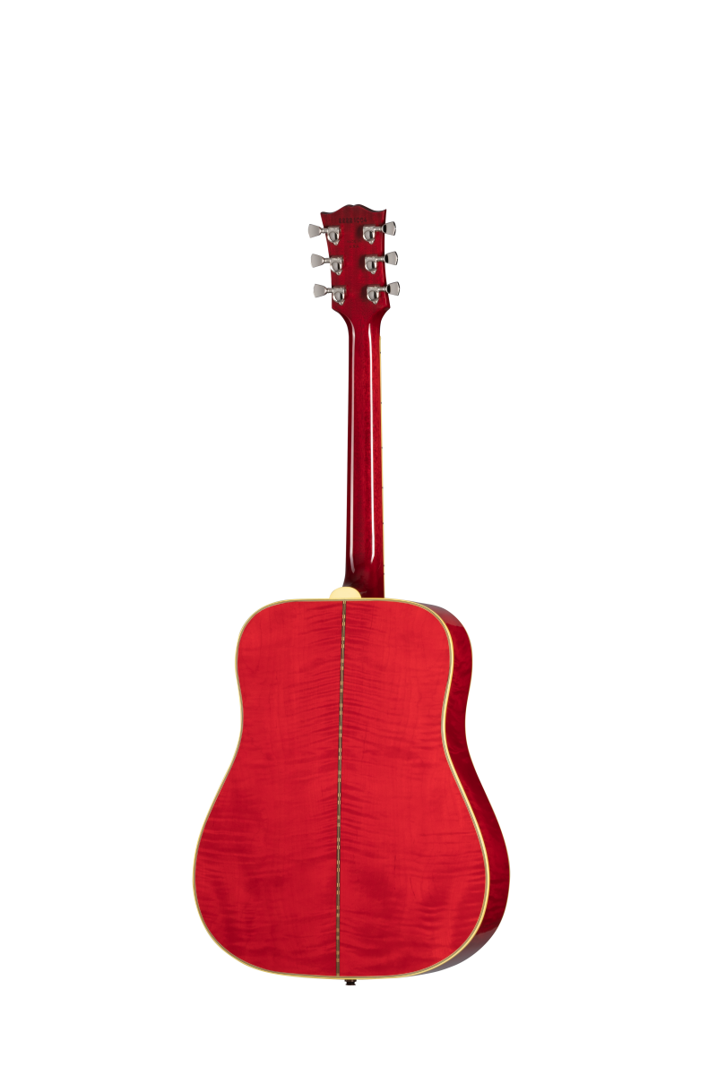 Back view of a red acoustic guitar with a glossy finish, light trim, and six tuning pegs visible on the headstock.