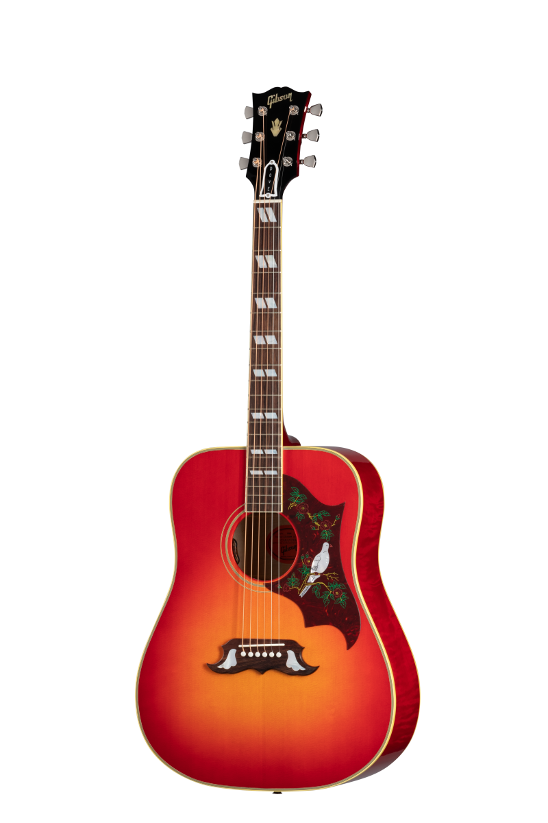 Red sunburst acoustic guitar with a pickguard featuring a white dove and floral design, rectangular inlays on the neck, and a decorative bridge.