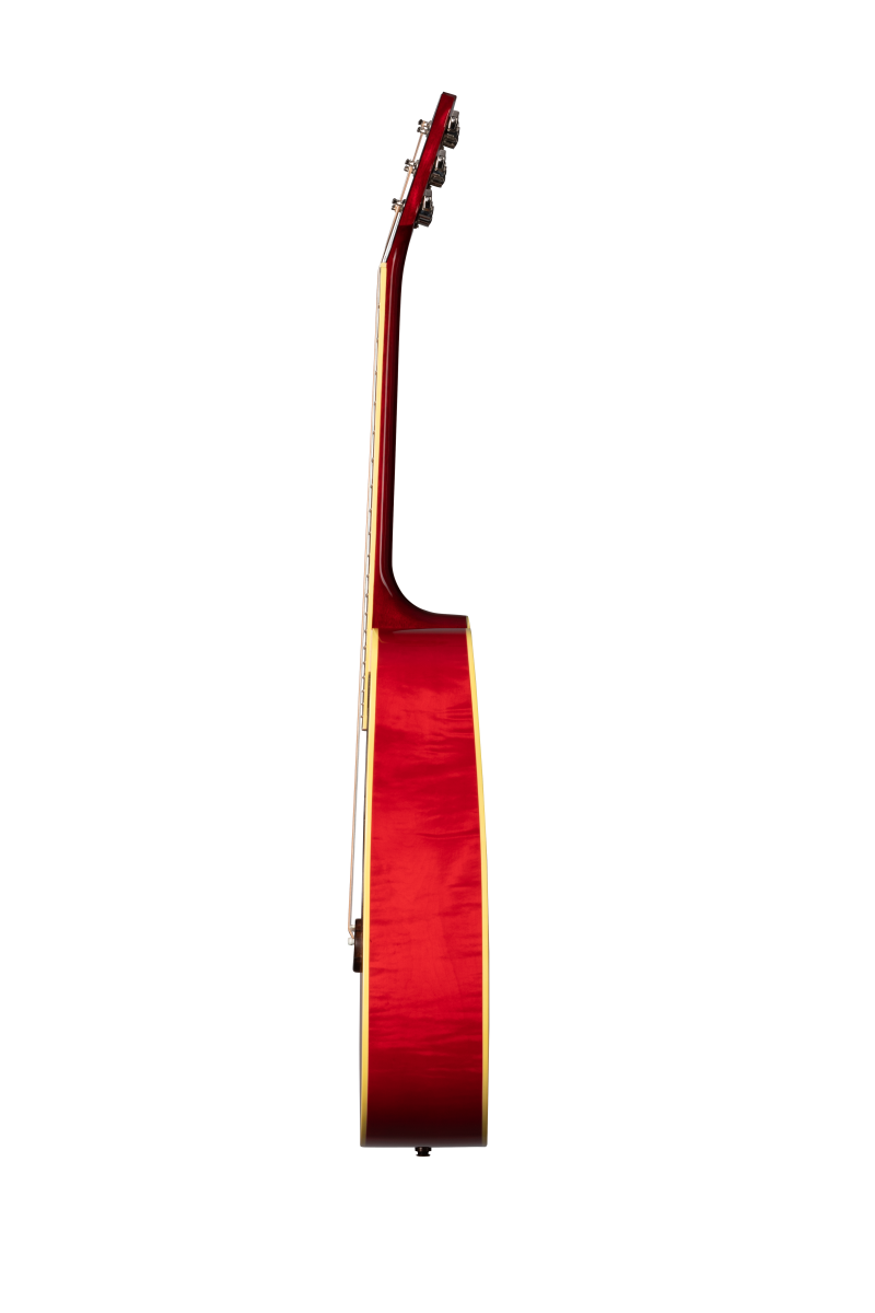 Red acoustic guitar viewed from the side, showing the curved body depth and neck profile, with cream-colored binding along the edges.