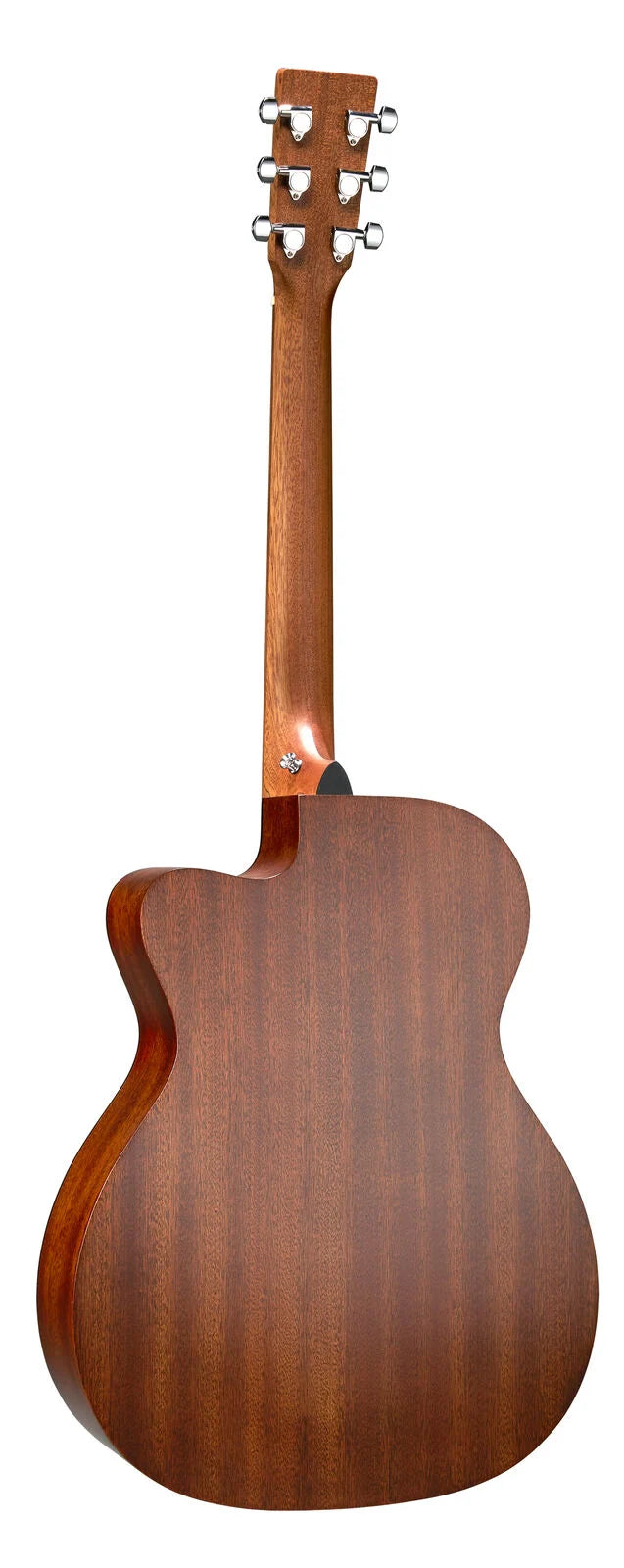 Rear view of an acoustic guitar, featuring a smooth dark wood finish and six chrome tuning pegs on the headstock.