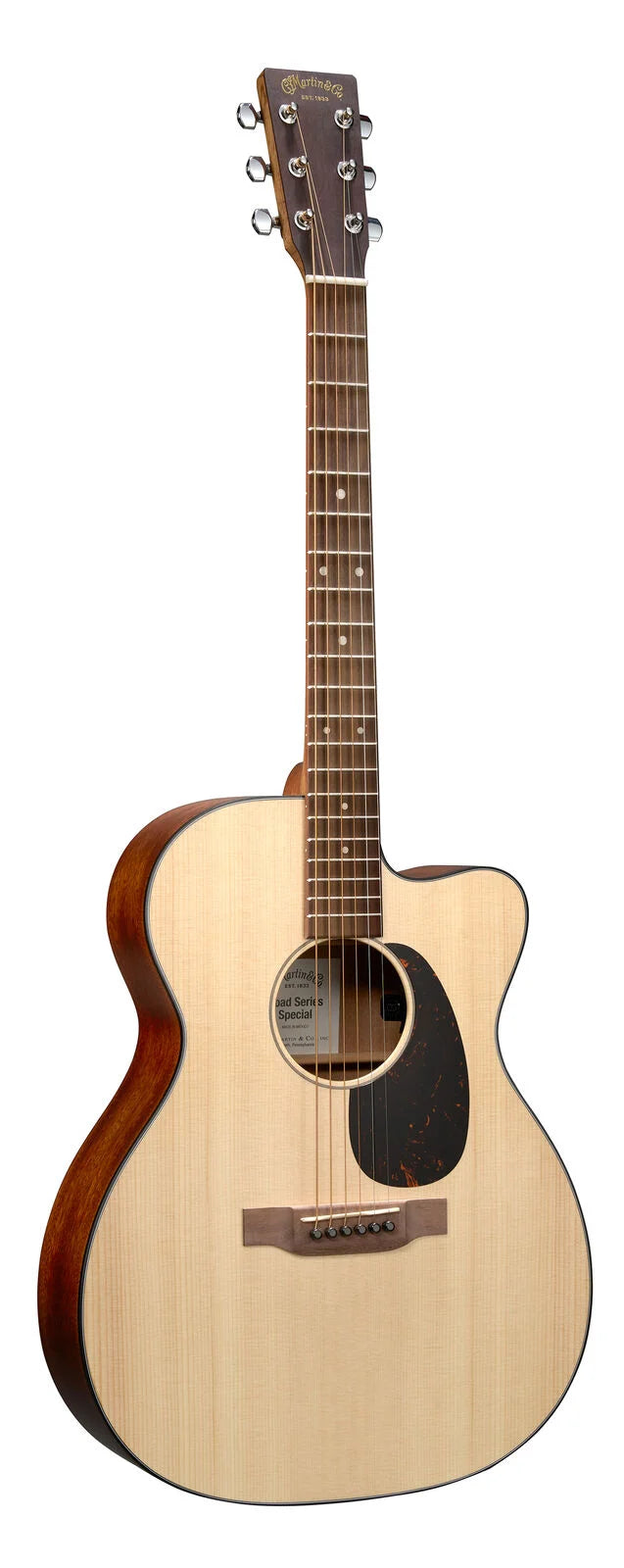 Six-string acoustic guitar with a light wood top, cutaway body, dark pickguard, and brown sides and neck, featuring dot inlays on the fretboard.