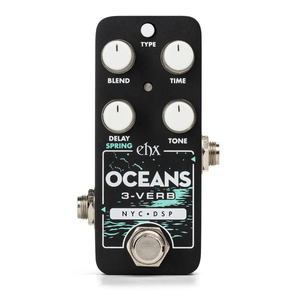 Electro-Harmonix Oceans 3-Verb FX pedal with four white knobs labeled Type, Blend, Time, Tone, and a large silver footswitch at the bottom.