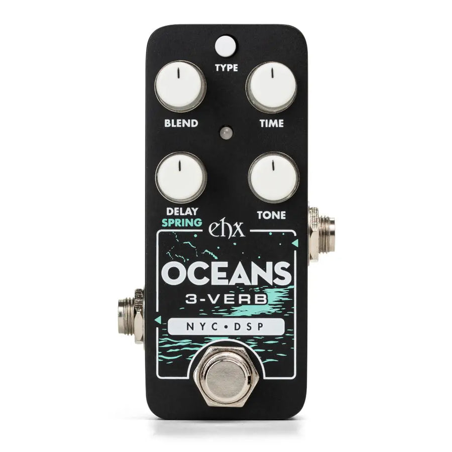 Electro-Harmonix Oceans 3-Verb FX pedal with four white knobs labeled Type, Blend, Time, Tone, and a large silver footswitch at the bottom.