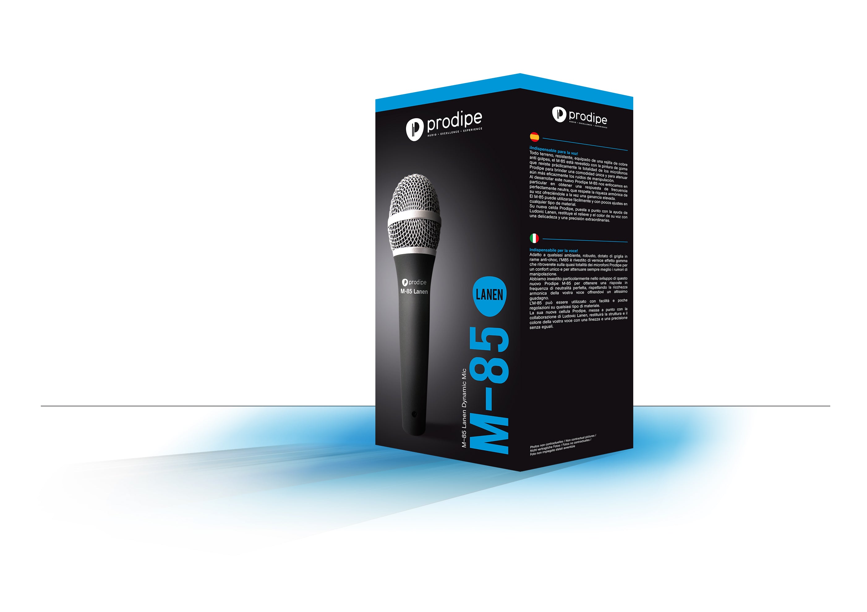 Box for the Prodipe M-85 Lanen dynamic microphone, featuring a large product image and blue accents with descriptive text in Spanish and Italian.