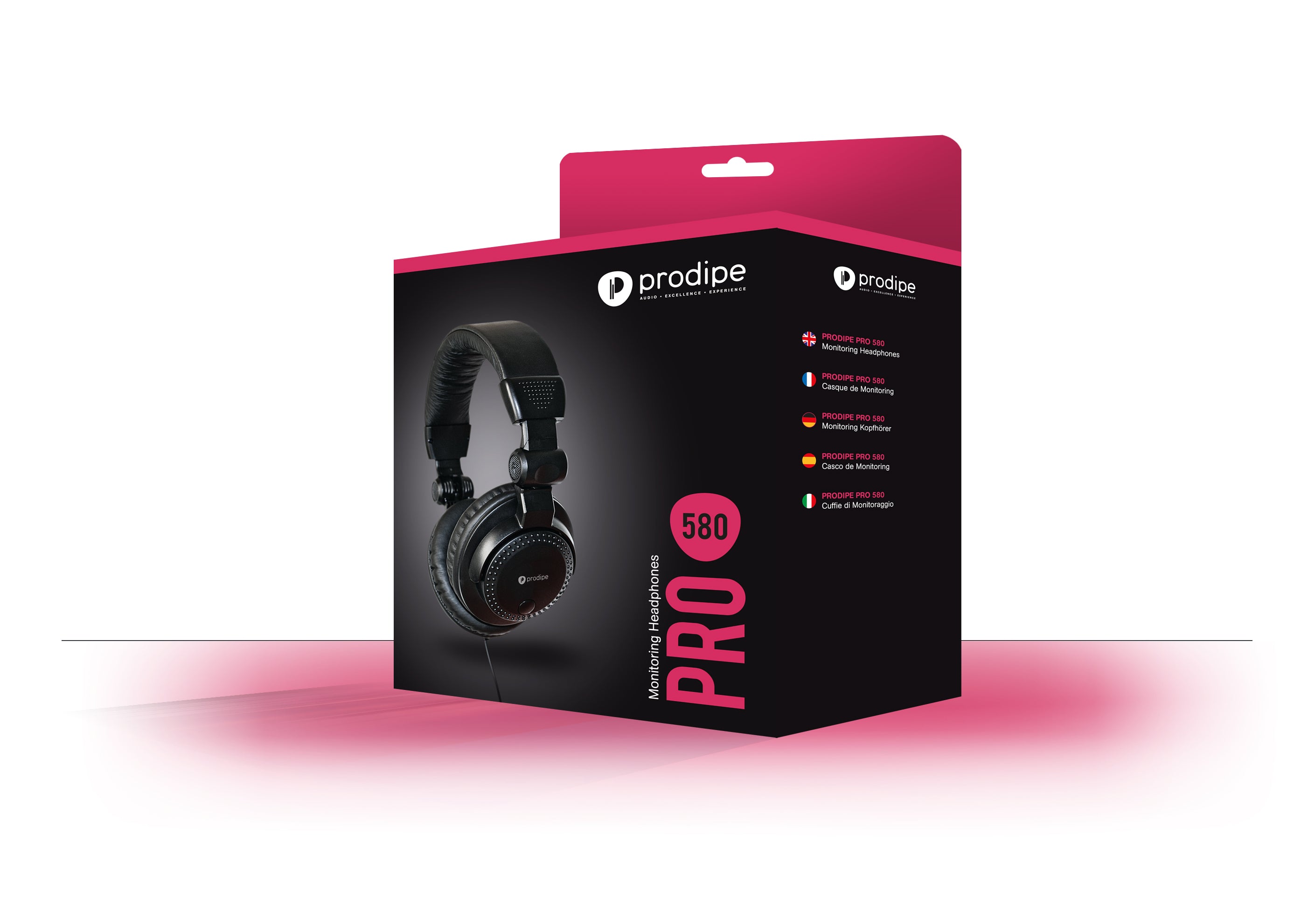 Prodipe PRO 580 monitoring headphones box with a large photo of black over-ear headphones and multilingual product descriptions.