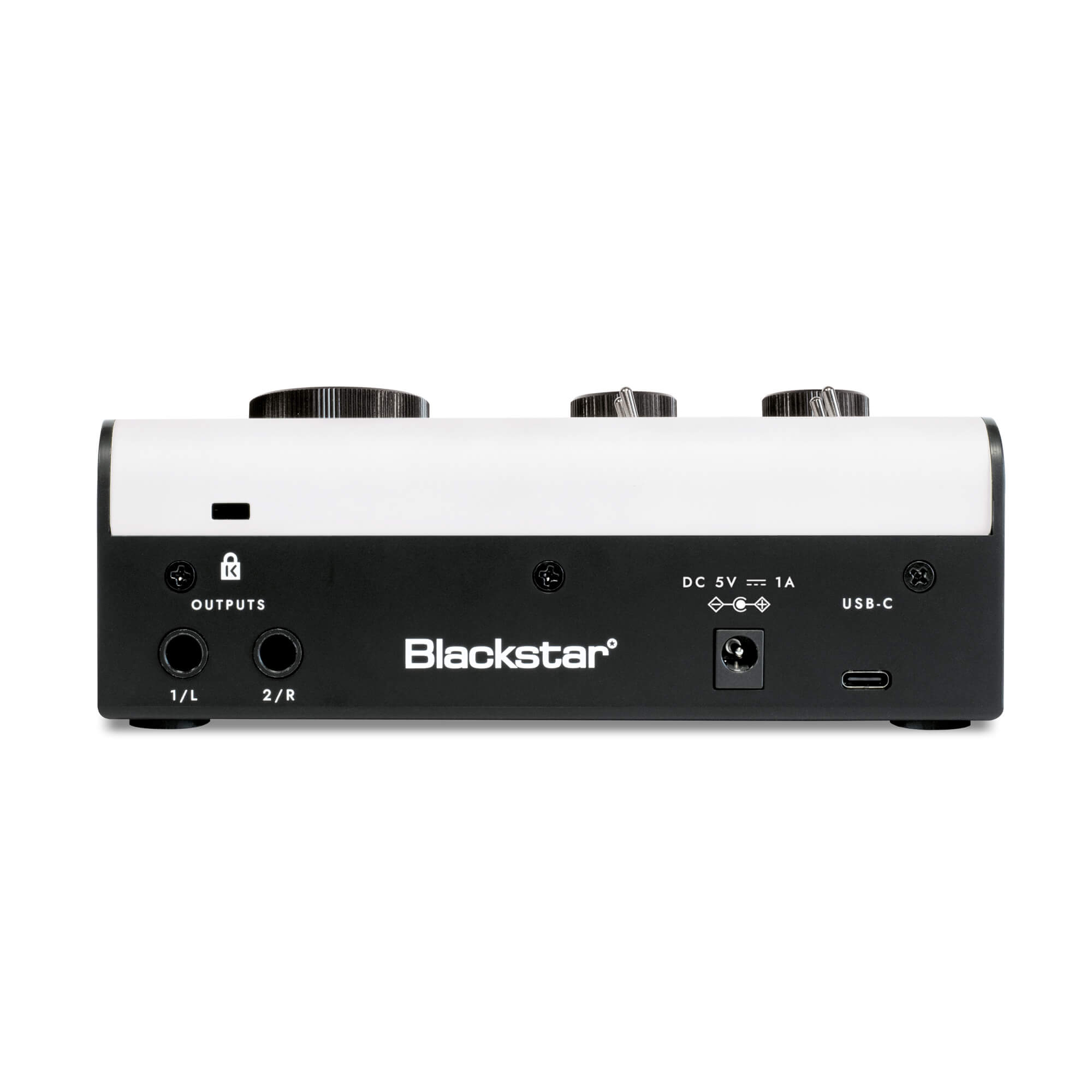 Blackstar audio interface rear view with two 1/4" output jacks, DC power input, and USB-C port, plus three large control knobs on top.