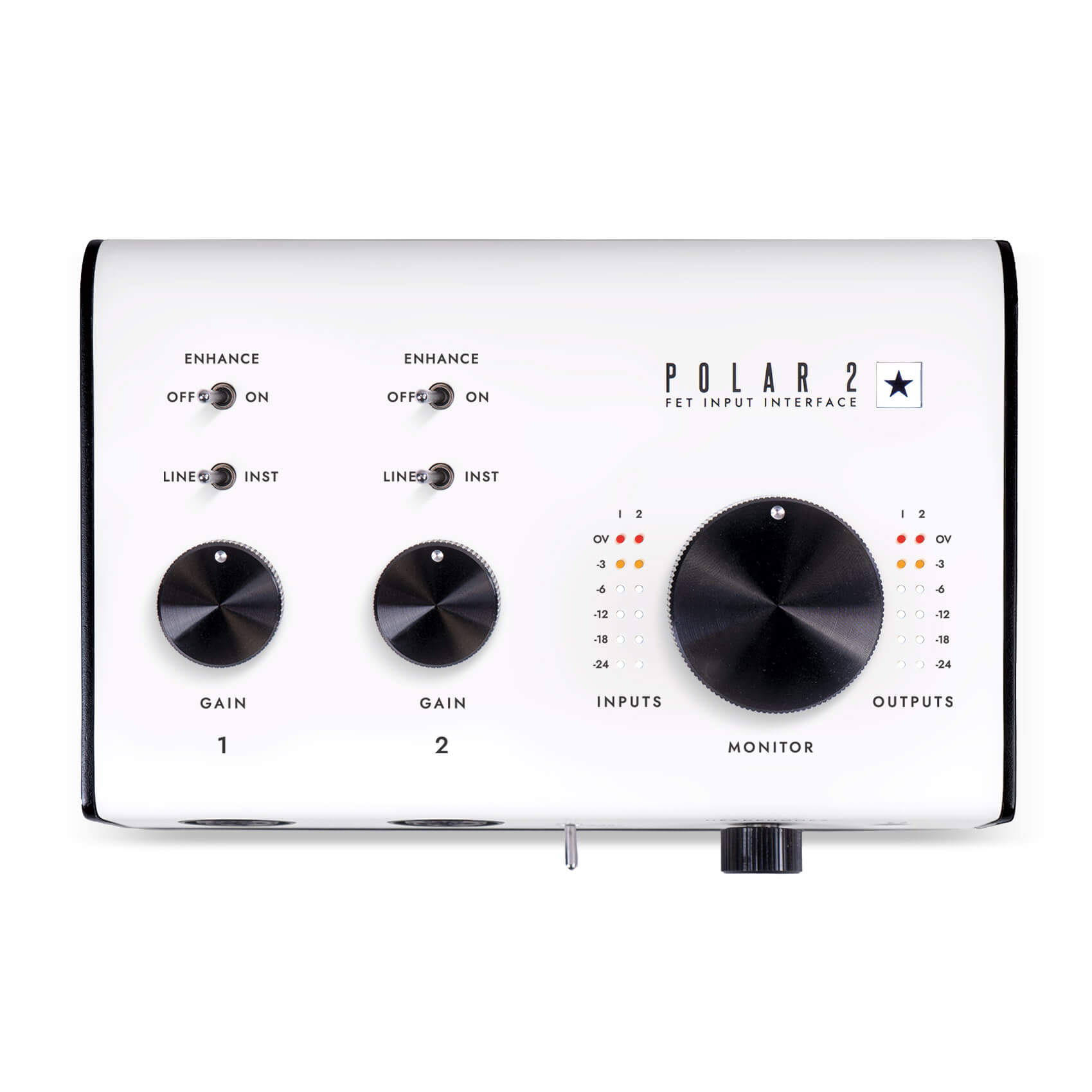 White Polar 2 audio interface with three large black dials for gain and monitor, toggle switches, and LED level meters for inputs and outputs.