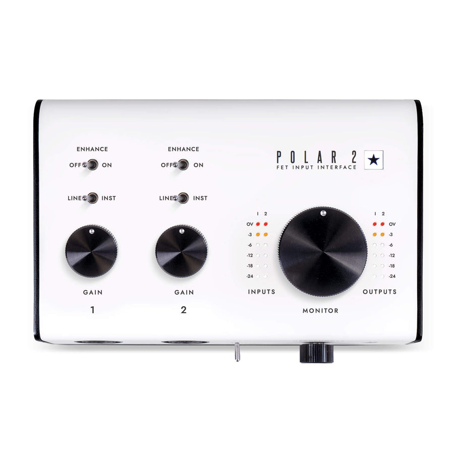 White Polar 2 audio interface with three large black dials for gain and monitor, toggle switches, and LED level meters for inputs and outputs.