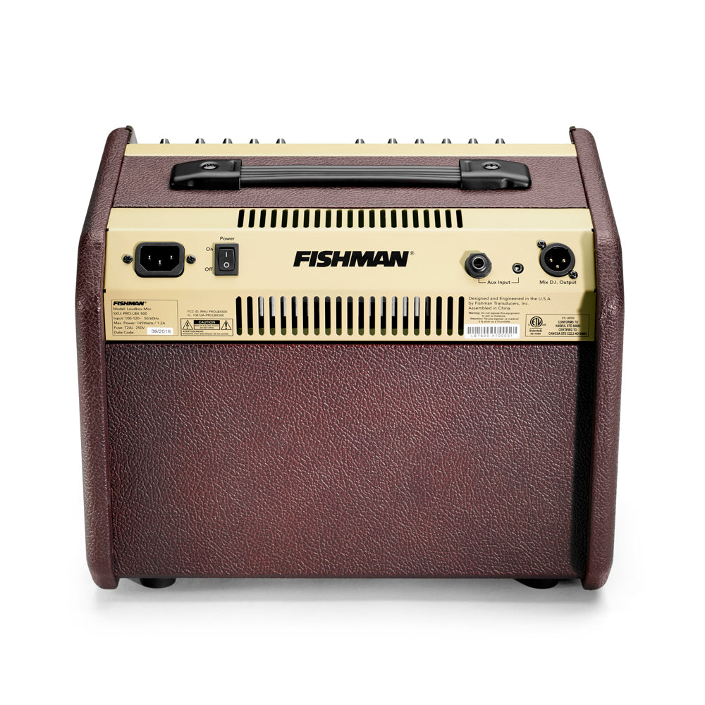 Fishman amplifier with a brown textured case, top carrying handle, rear power switch, plug socket, aux input, and XLR mix D.I. output.