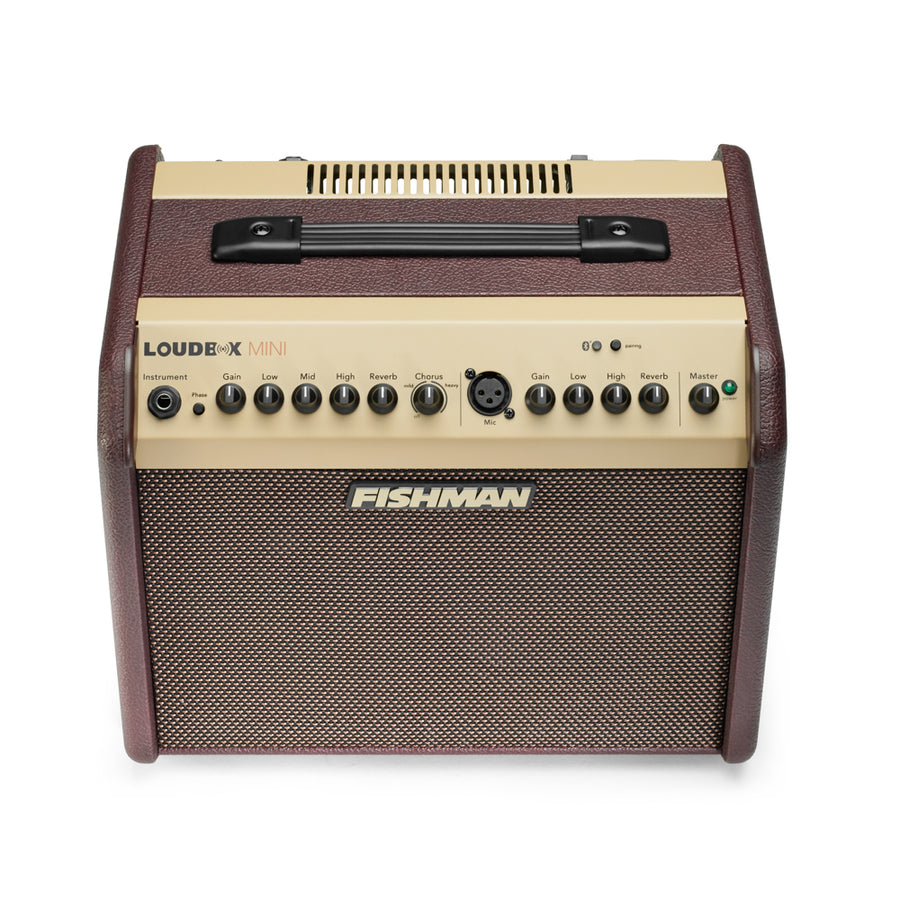 Compact Fishman amplifier with brown sides, tan control panel, black knobs, a carrying handle on top, and "LOUDEBOX MINI" labeled at the left.