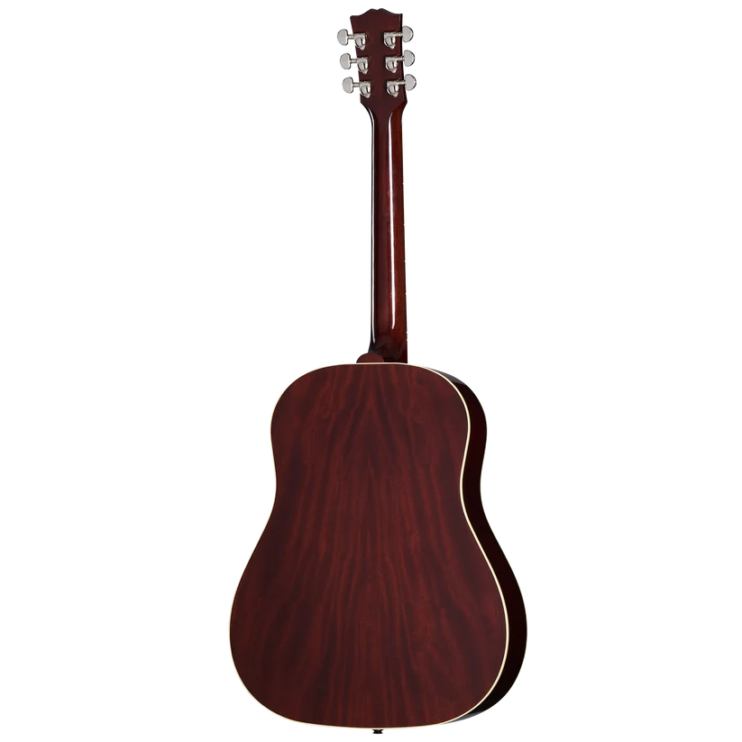 The back of a dark reddish-brown acoustic guitar with a wood grain pattern, cream binding, and six chrome tuning pegs visible on the headstock.