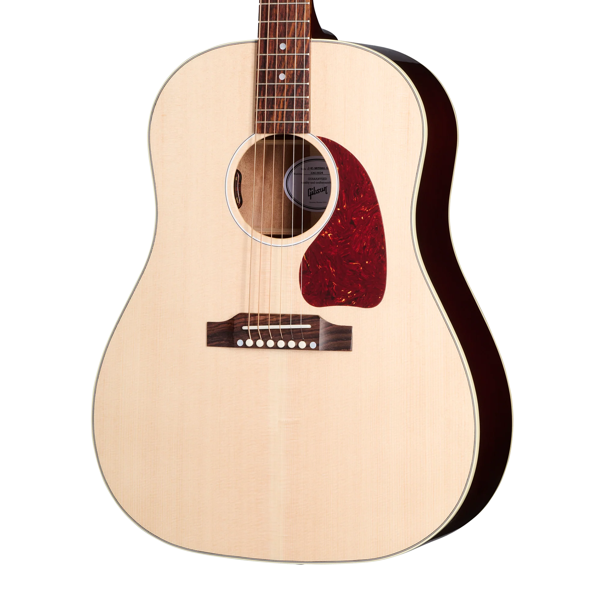 Natural wood acoustic guitar with a rounded body, dark bridge, white dot pins, and a red tortoise-shell style pickguard below the sound hole.
