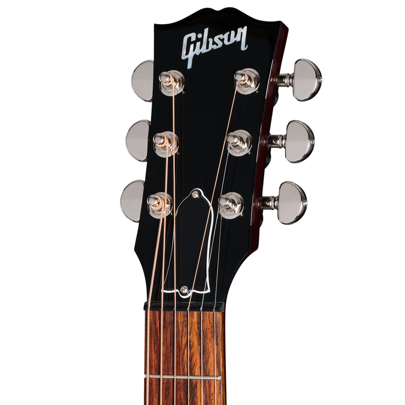 Gibson acoustic guitar headstock with six silver tuning pegs, black finish, and a rosewood fretboard.