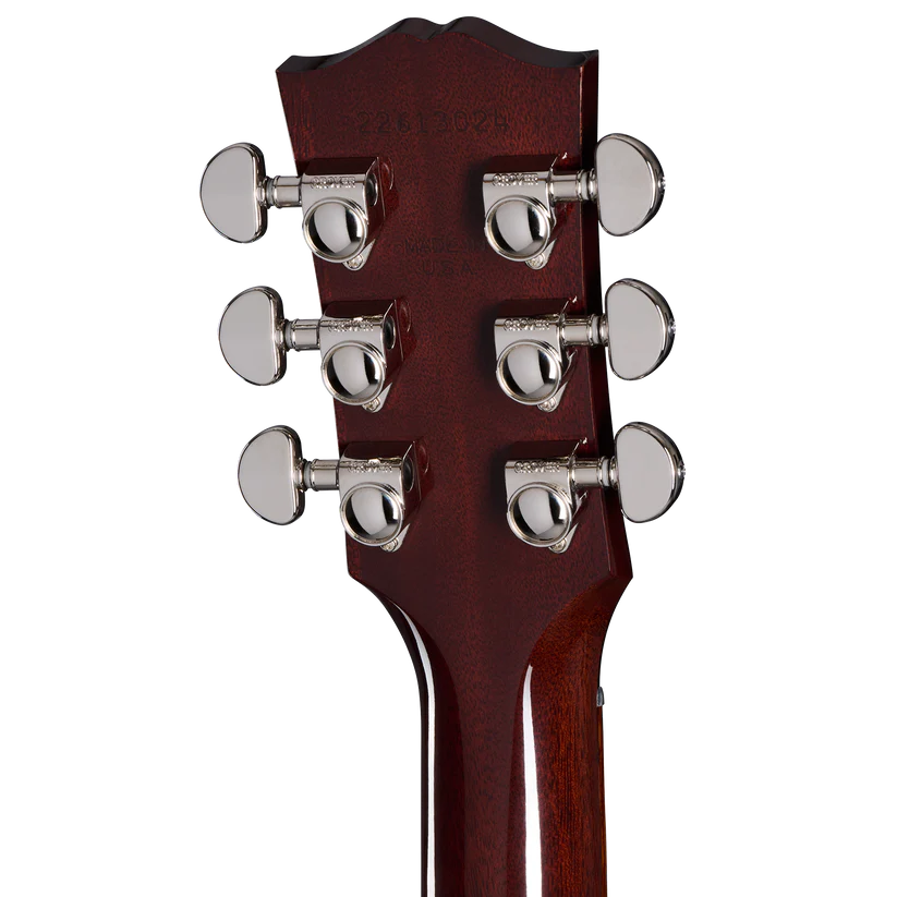 Six chrome tuning pegs line both sides of a dark wood acoustic guitar headstock, viewed from the back.