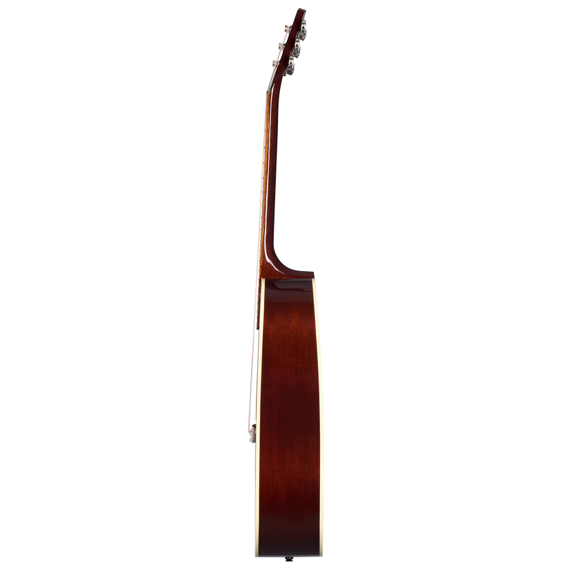 Acoustic guitar shown from the side, highlighting its wooden body depth and neck profile with visible tuning pegs at the top.