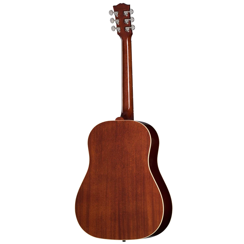 Guitare acoustique vue de dos, bois marron uniforme, six mécaniques argentées sur la tête, pas de cordes ou micros visibles.