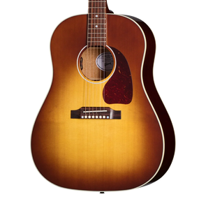 Sunburst-finish electric guitar with a rounded body, six strings, white-bordered sound hole, and a dark reddish pickguard on the right side.