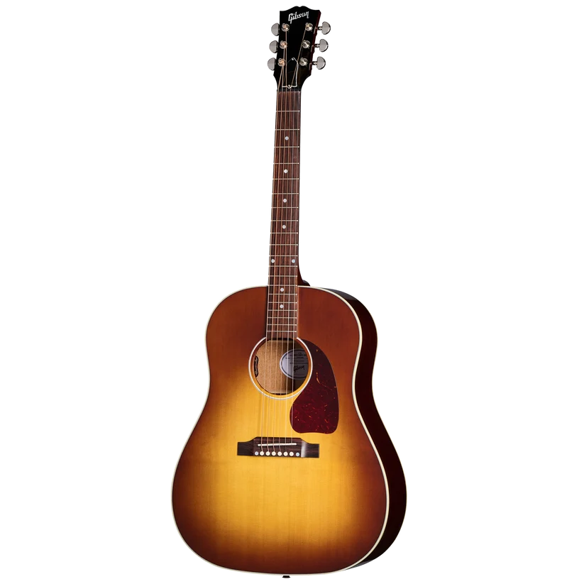 Guitare acoustique à six cordes, finition dégradée du brun au jaune, pickguard marron foncé, forme dreadnought, tête noire avec mécaniques métal.