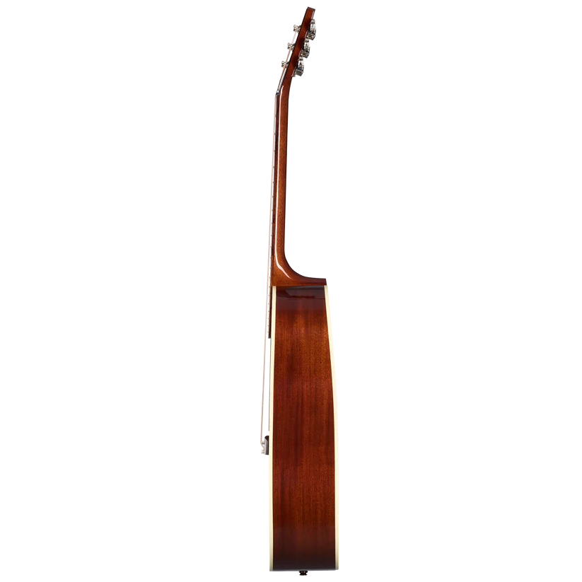 Guitare électrique vue de profil, couleur bois verni, montrant la tranche de la caisse et le manche allongé vers le haut.