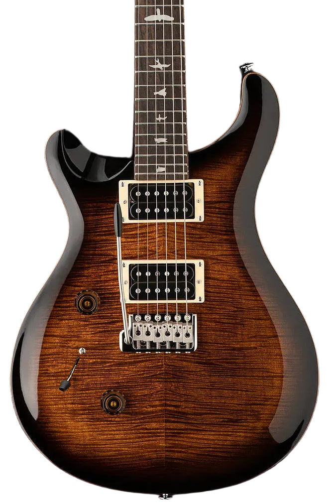Electric guitar with a glossy brown sunburst finish, dual humbucker pickups, bird inlays on the fretboard, chrome bridge, and two control knobs.