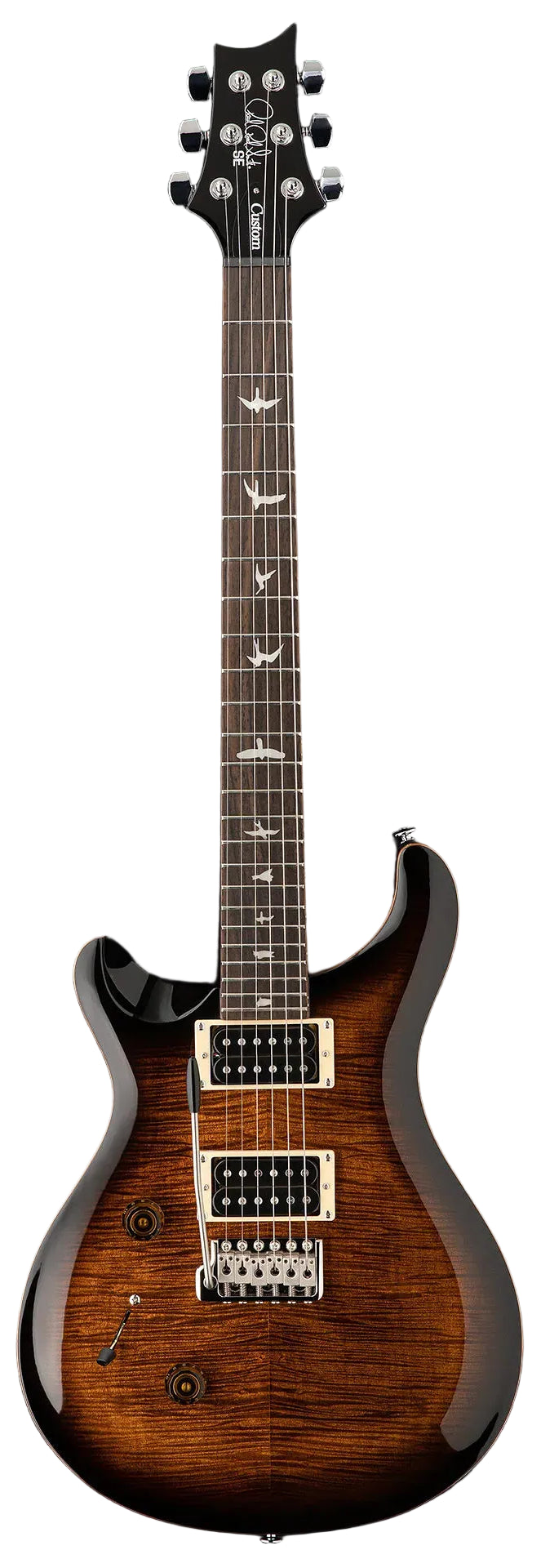 PRS SE Custom electric guitar with a brown sunburst finish, bird inlays on the fretboard, two humbucker pickups, and a tremolo bridge.