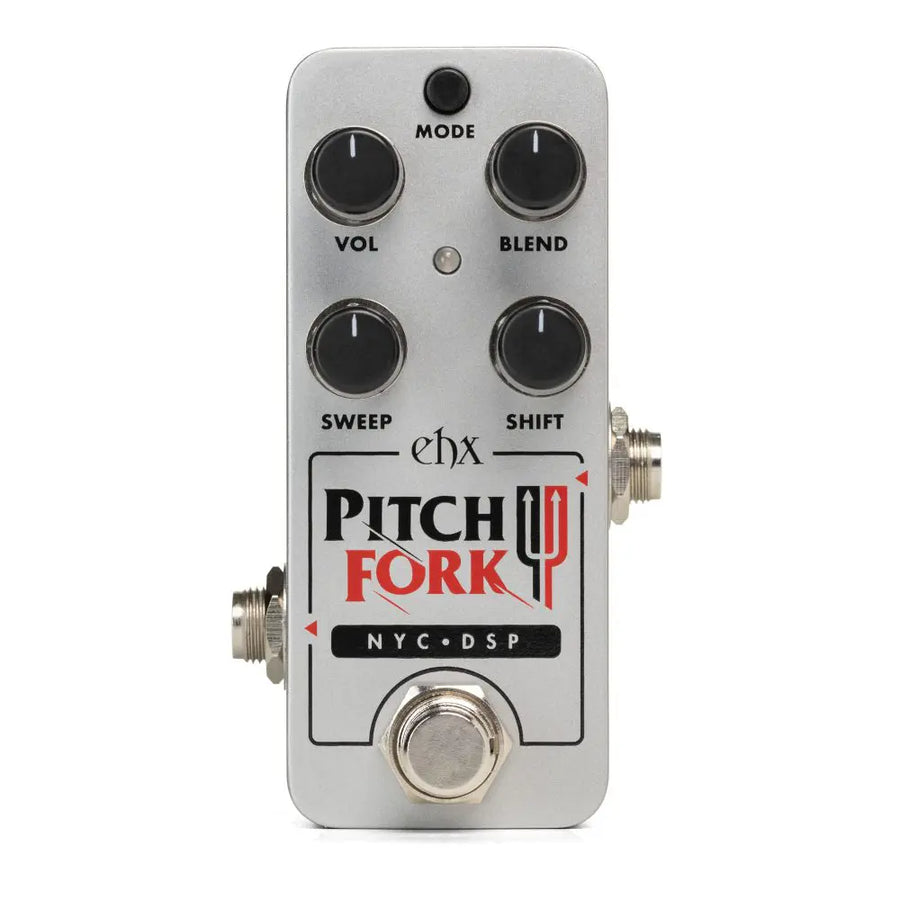 Silver FX pedal with four black knobs labeled Vol, Blend, Sweep, Shift, a footswitch, and “Pitch Fork” branding with a red tuning fork graphic.
