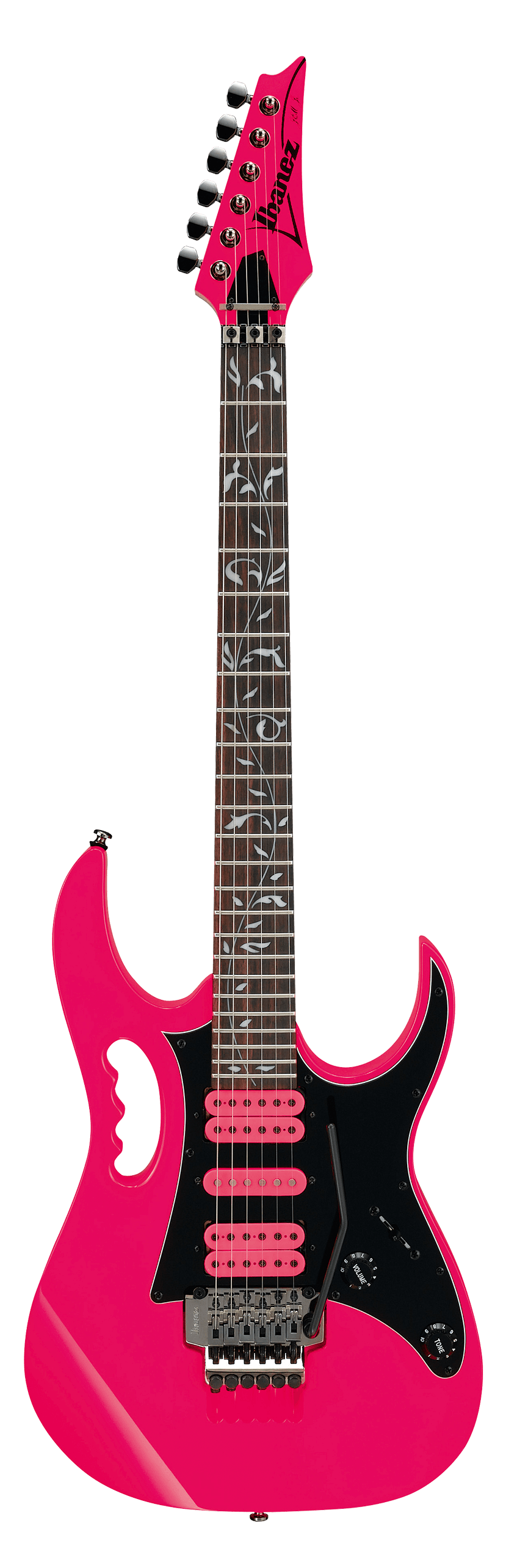 Bright pink electric guitar with a black pickguard, three pink pickups, vine inlay on the fretboard, and a distinctive handle cut into the body.