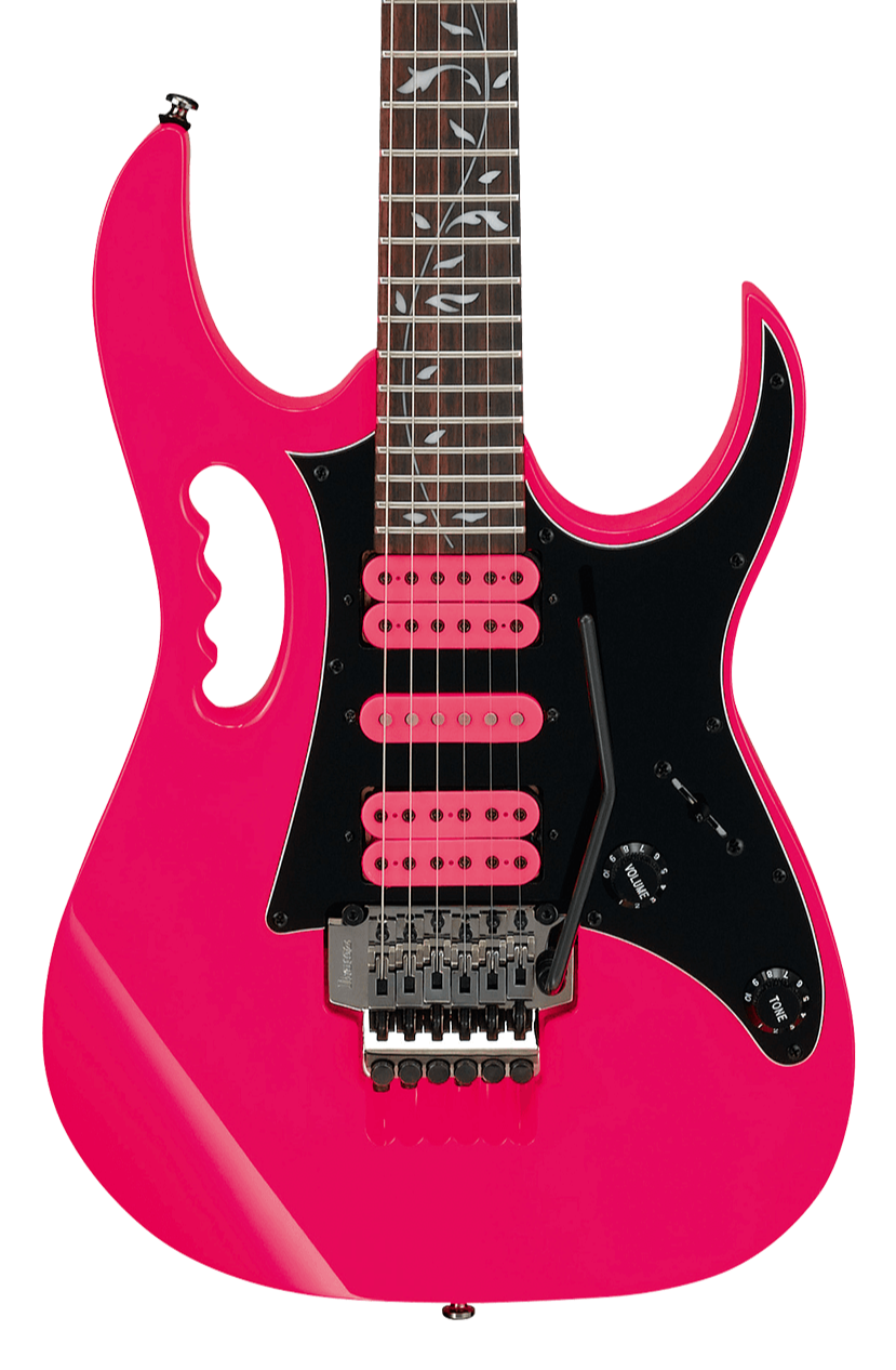 Bright pink electric guitar with black pickguard, three pink pickups, vine inlay on fretboard, and a uniquely shaped handle cutout on the body.