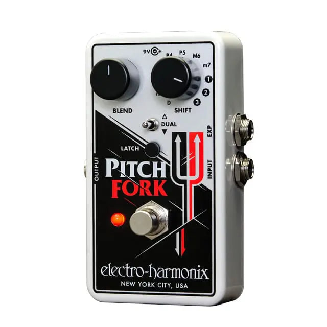 Electro-Harmonix Pitch Fork effects pedal with two knobs, a footswitch, LED light, and a tuning fork graphic on the front panel.