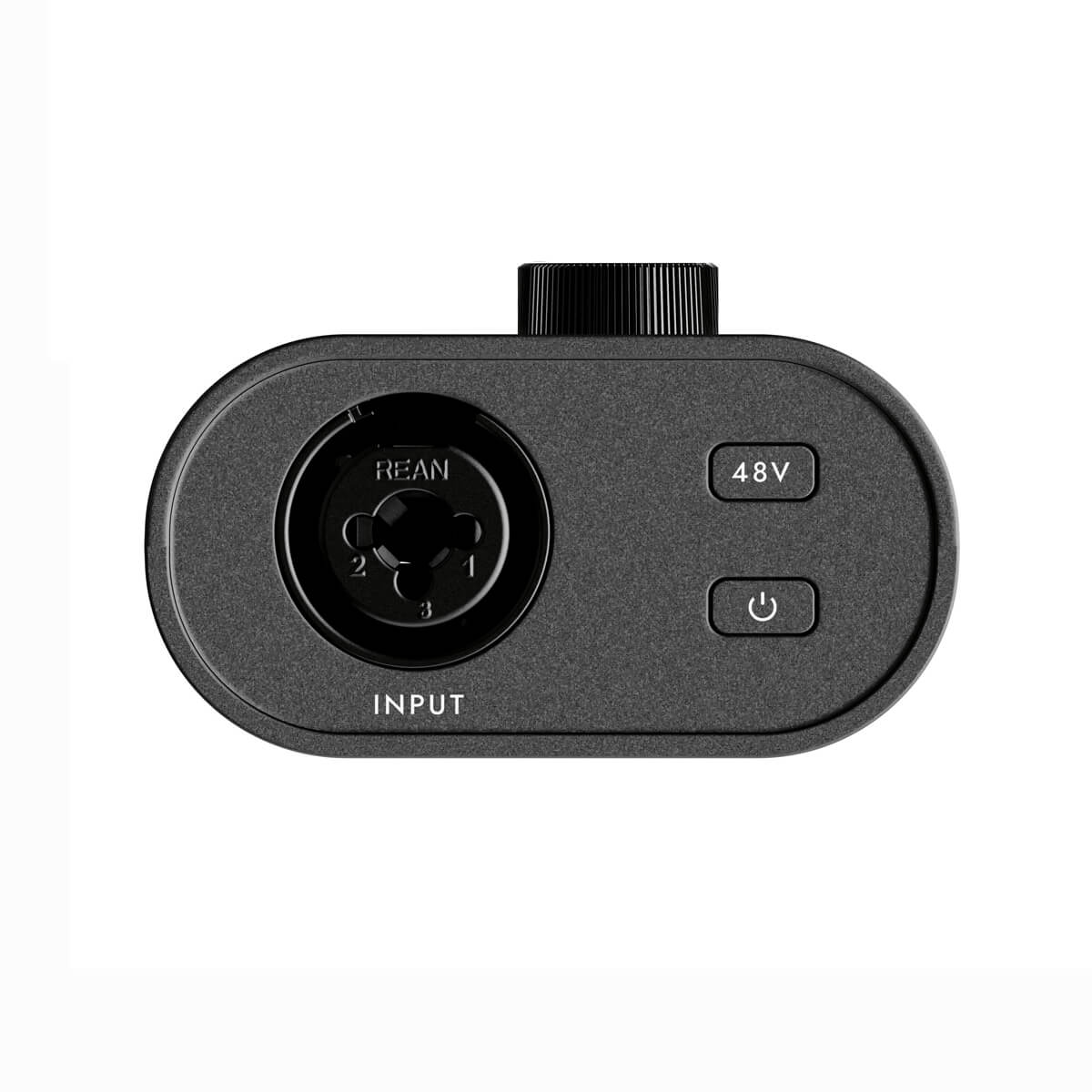 Black audio interface with a central input port, two buttons labeled 48V and power, and a large knob on top.