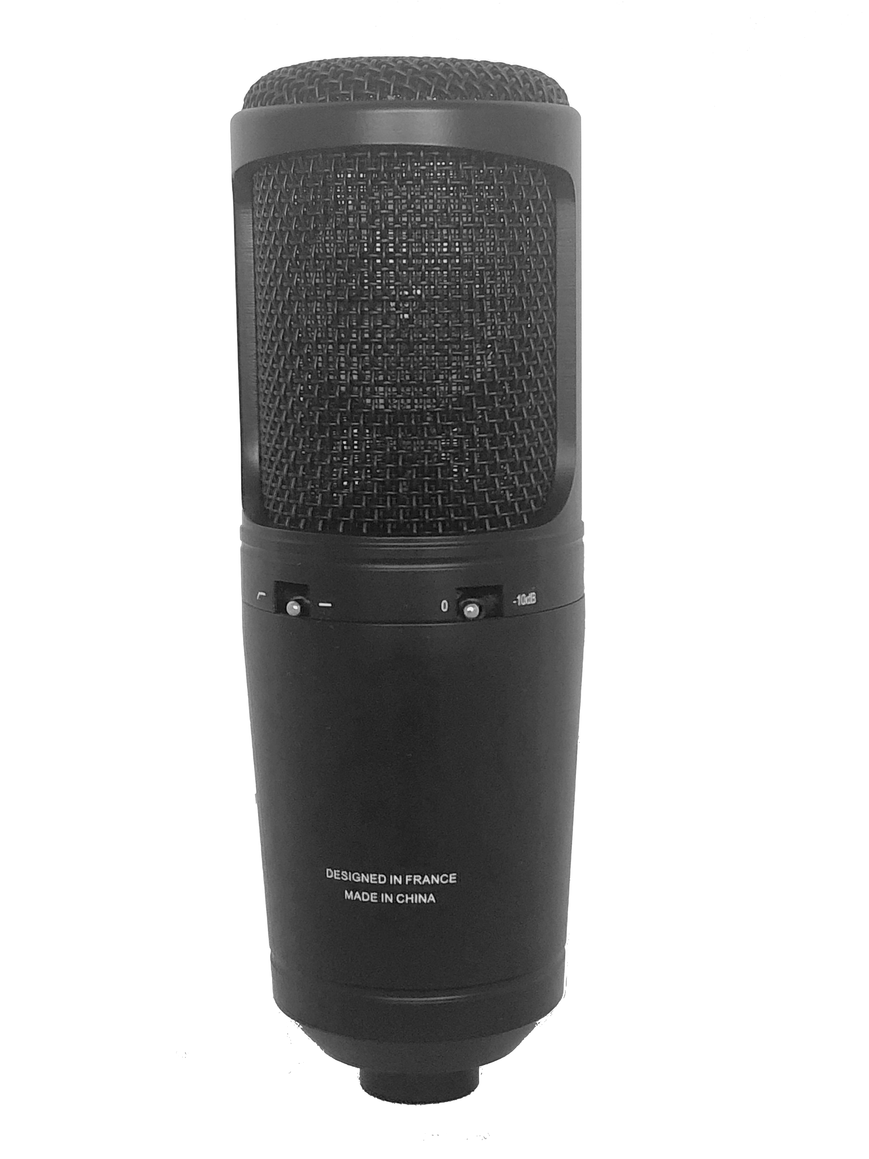 Large black condenser microphone with a metal mesh grill, two small switches on the body, and text stating "Designed in France, Made in China."
