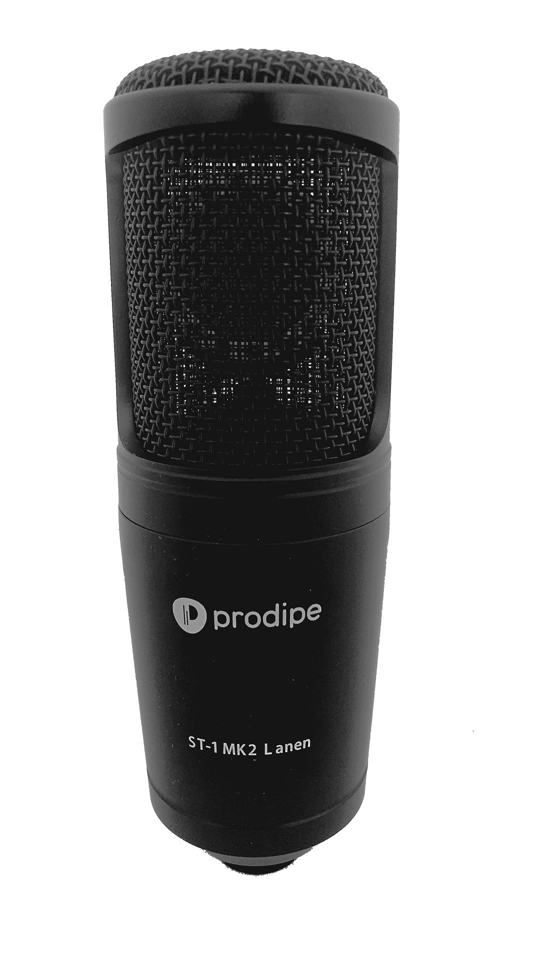 Black Prodipe ST-1 MK2 Lanen condenser microphone with mesh grille and cylindrical body, designed for recording.