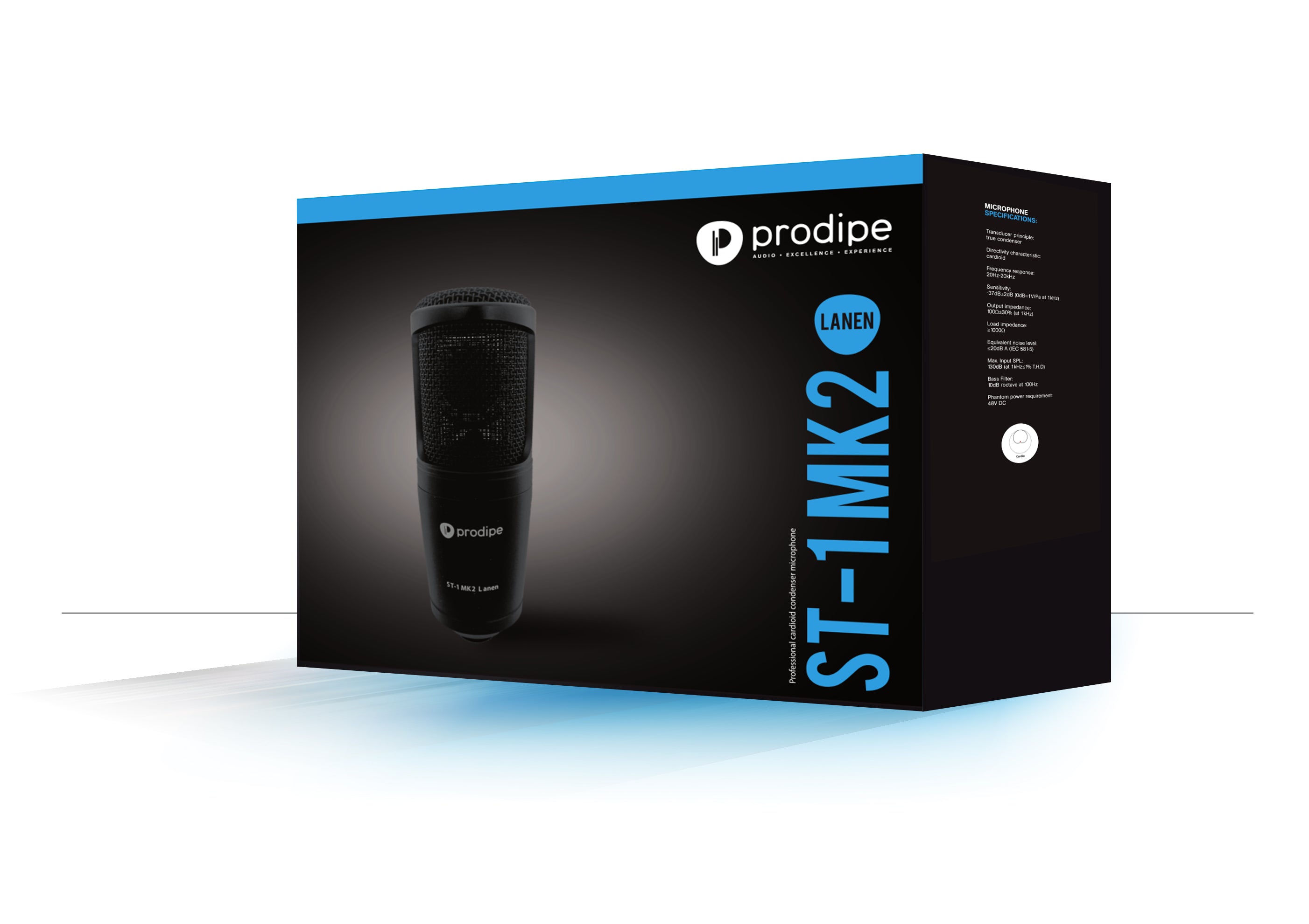 Prodipe ST-1 MK2 Lanen studio microphone in a black and blue box with specifications printed on the side.