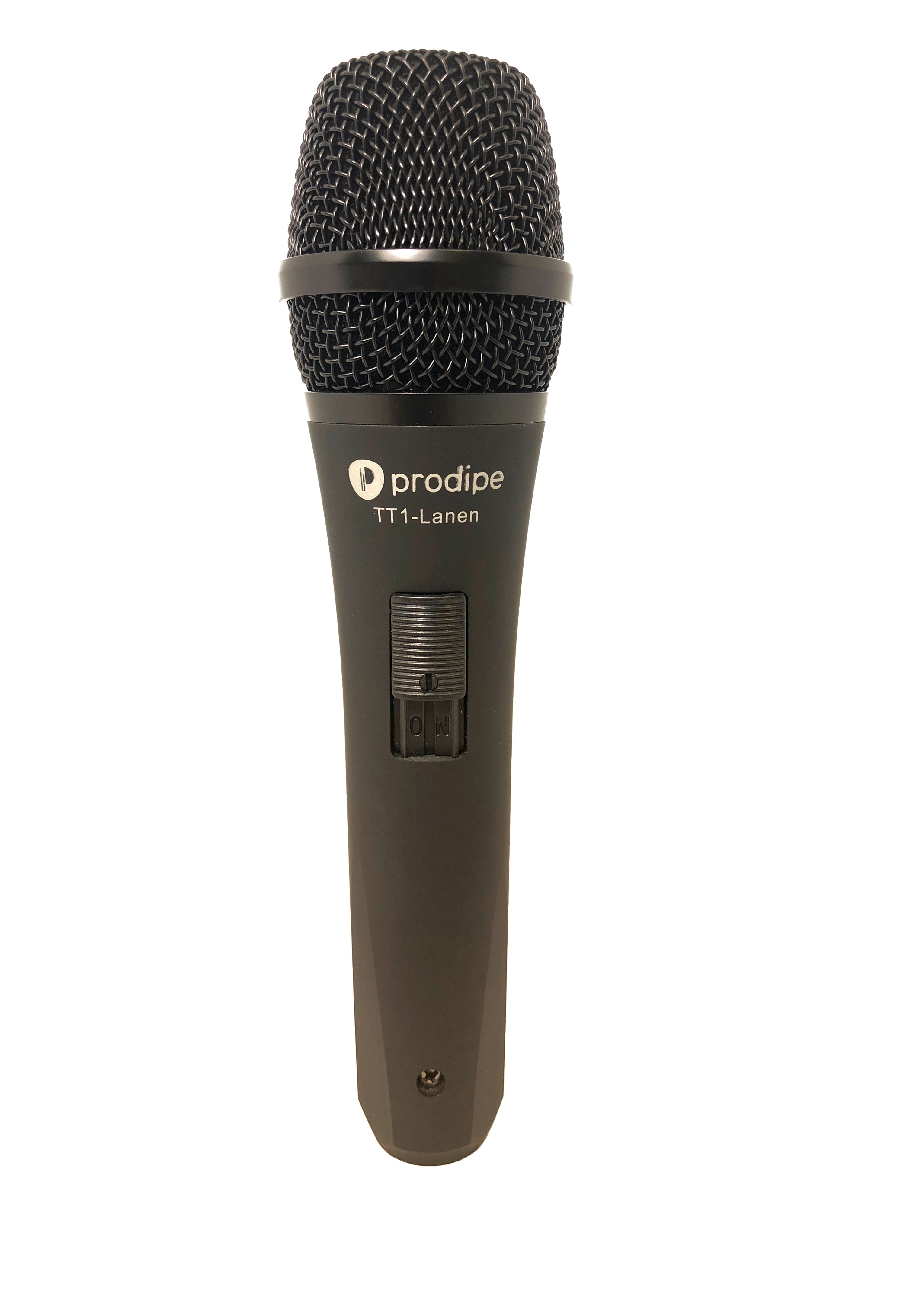 Handheld dynamic microphone labeled "prodipe TT1-Lanen" with a black mesh grille and an on/off switch on the matte handle.