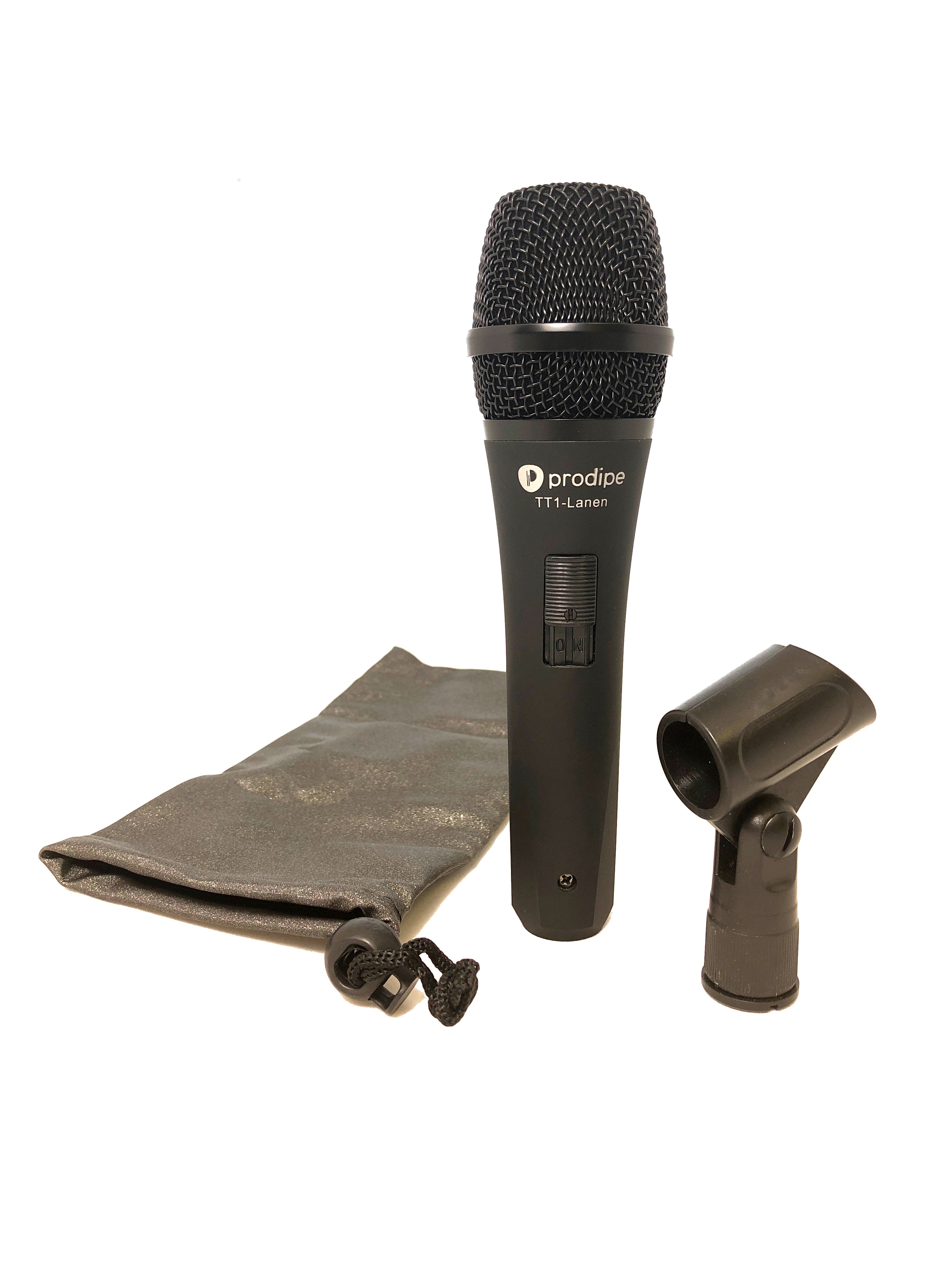 Black handheld Prodipe TT1-Lanen microphone with on/off switch, shown with a clip holder and a drawstring storage pouch.