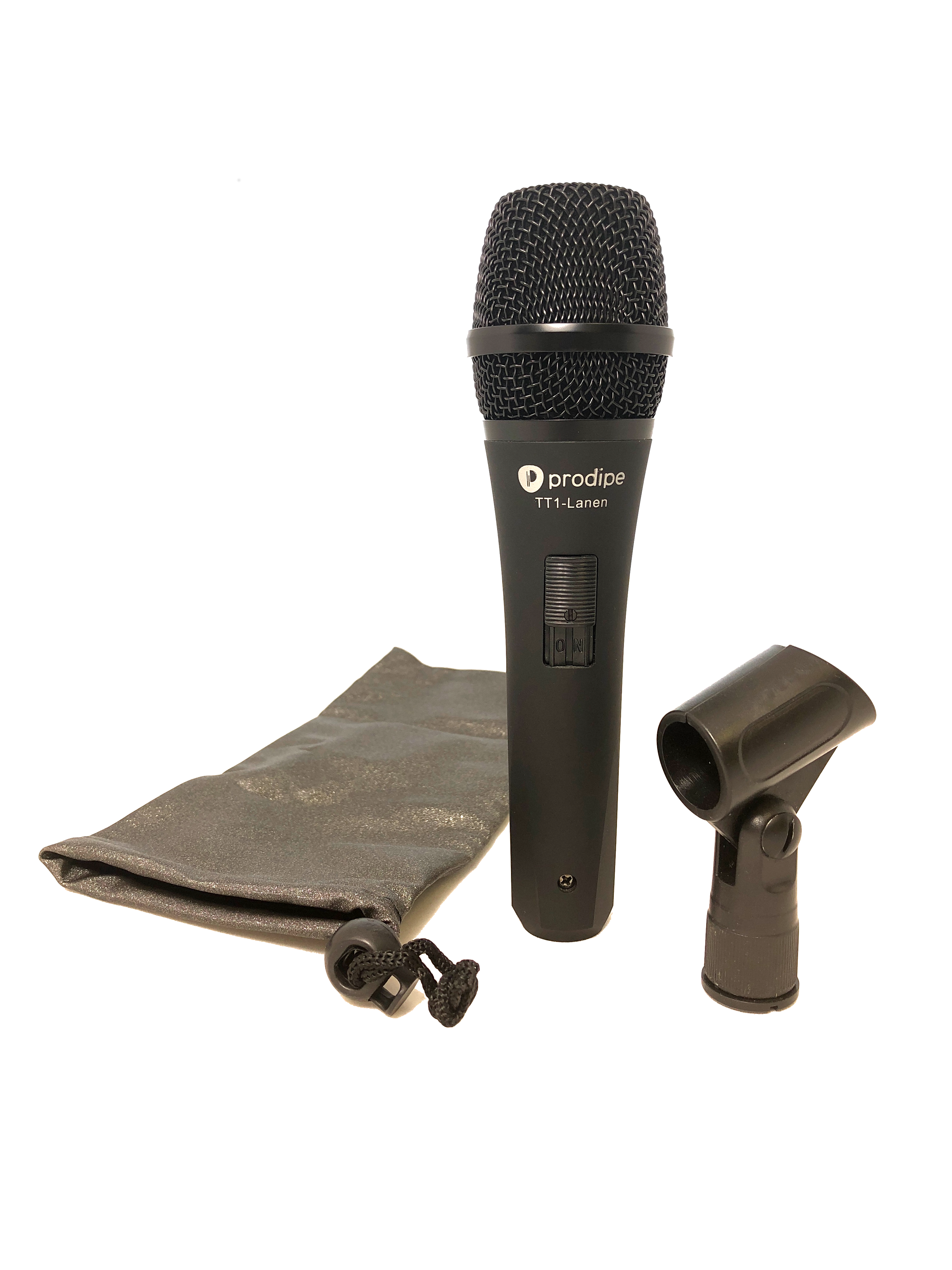 Black handheld microphone with a mesh head, a matching clip, and a soft drawstring carrying pouch placed beside it.